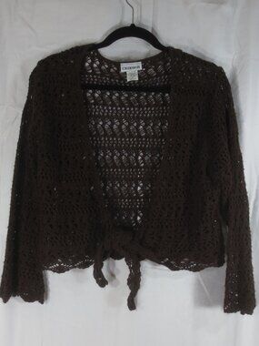 90s CB Design Top Dk Brown Bell Sleeve Tie Front Crocheted Vintage Shrug Size L